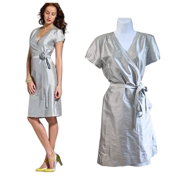 NWT Vintage Y2K J.CREW Raw Dupioni Silk Icy Silver Preppy Wrap Shirtdress Sz 12 - Picture 1 of 8